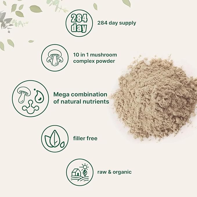 Organic Mega Mushroom Powder 10-in-1, 10oz – Lion’s Mane, Reishi, Shiitake, Cordyceps & More – Immune Boost, Energy, Brain Support – Non-GMO, Vegan, Gluten-Free Superfood Supplement