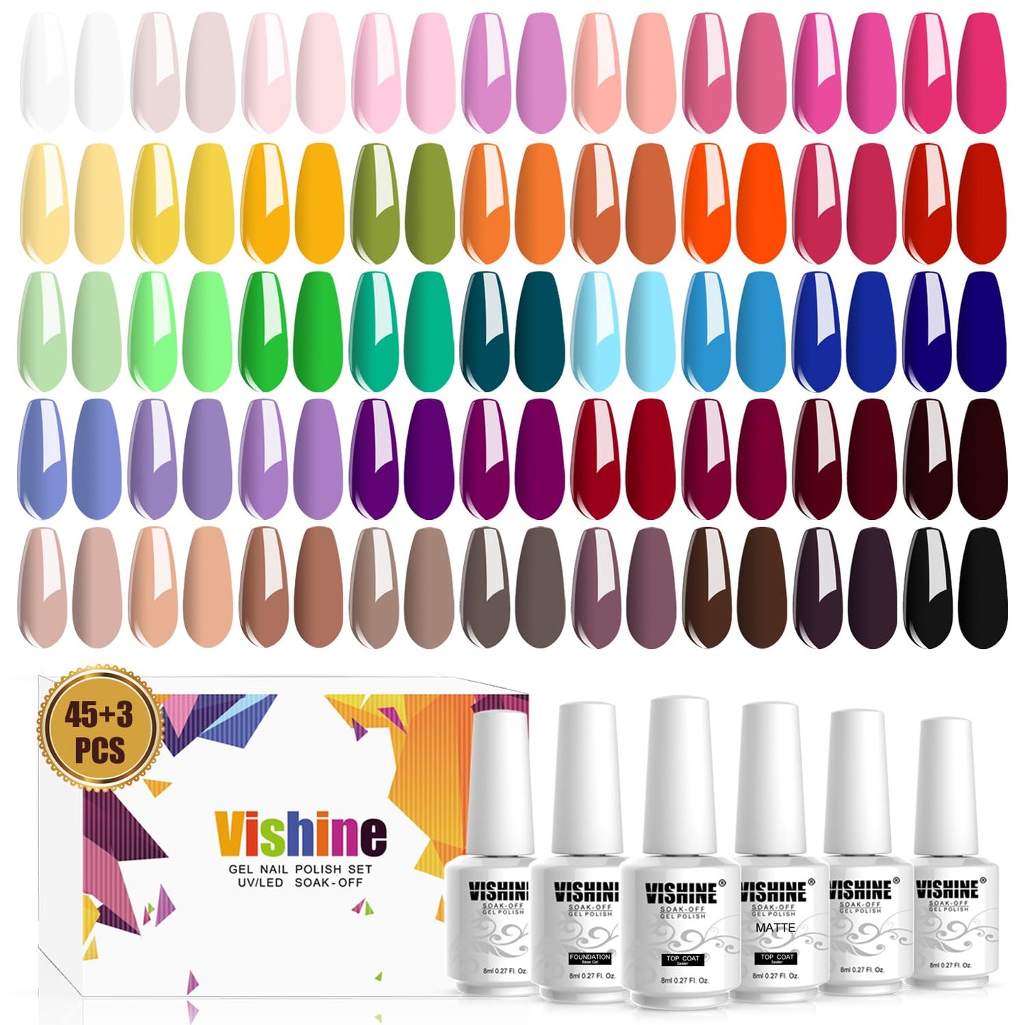 Vishine Gel Nail Polish Set - 45 Color Gel Nail Polish With Base Top Coat Lasting Nail Gel Polish Soak Off Uv Led Gel Polish Man