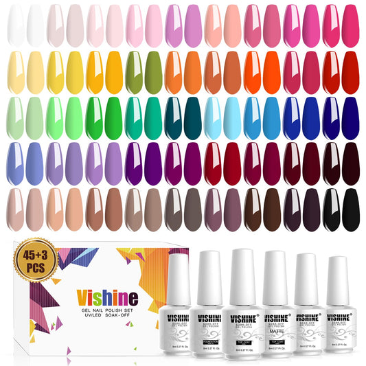 Vishine Gel Nail Polish Set - 45 Color Gel Nail Polish With Base Top Coat Lasting Nail Gel Polish Soak Off Uv Led Gel Polish Man