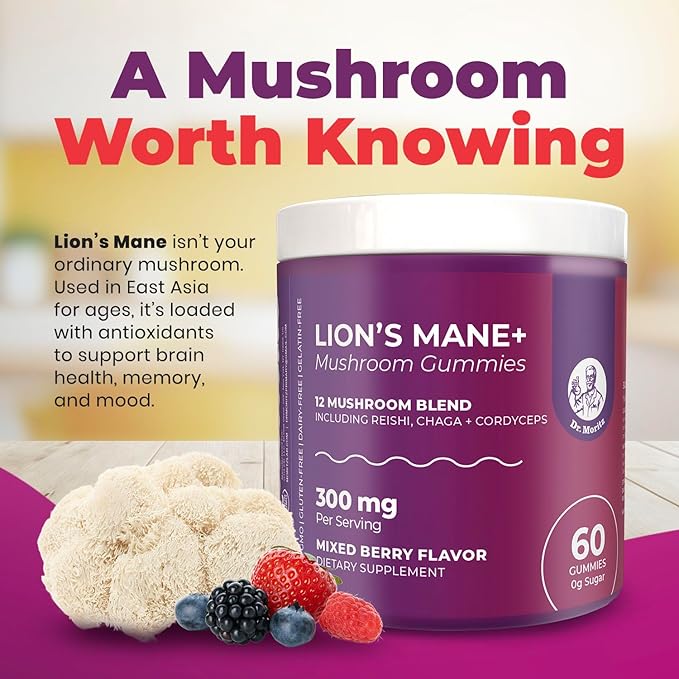 DR. MORITZ Lions Mane Gummies for Adults and Kids 4+ - Mushroom Gummies with 12-in-1 Blend Including Reishi & Chaga - Lions Mane for Kids and Adults - No Sugar Added, Non-GMO (120 Count)