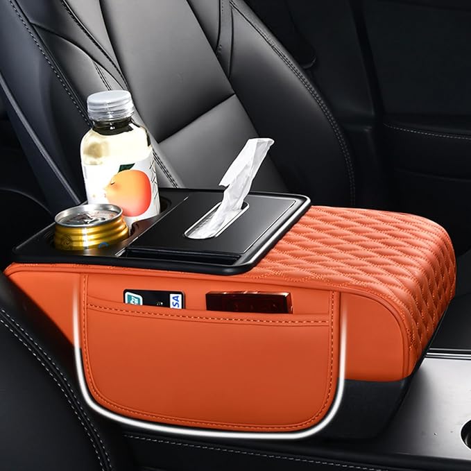 5-in-1 Car Armrest Pad Cushion, Water Ripple Embossed Center Console Booster Pad with Tissue Box, Cup Holder, Storage Bag, Phone Slot, Fit for Most Sedan Vehicles (Water Ripple Series, Grey)