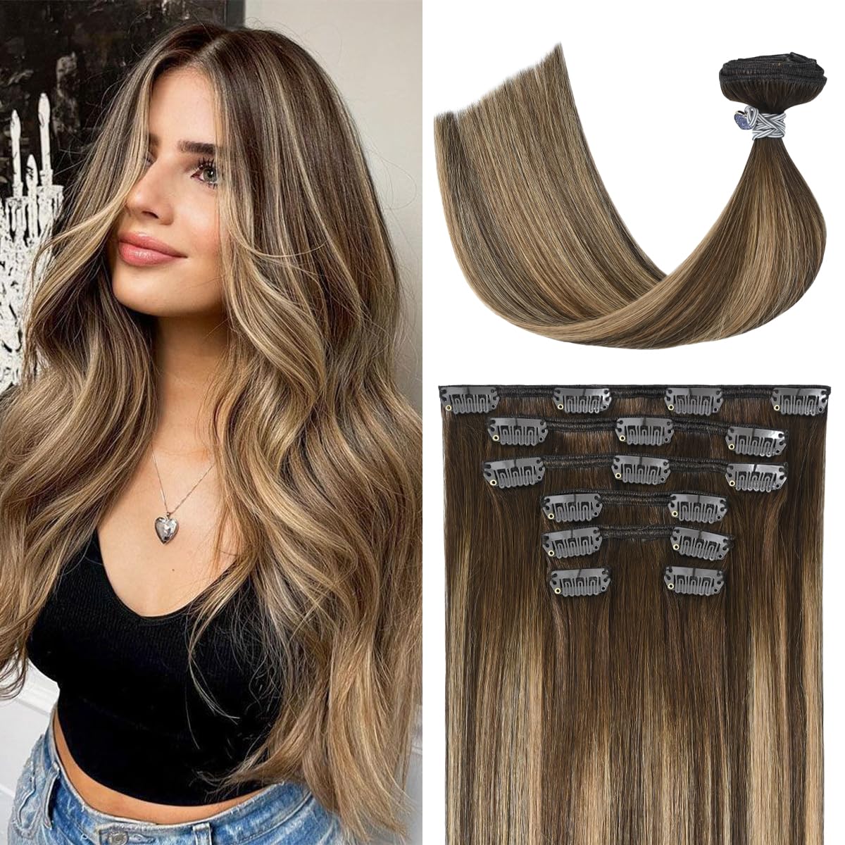 Ugotrays Balayage Hair Extensions Real Human Hair Ombre Medium Brown Fading To Caramel Blonde 12Inches 70G Highlights 100% Human