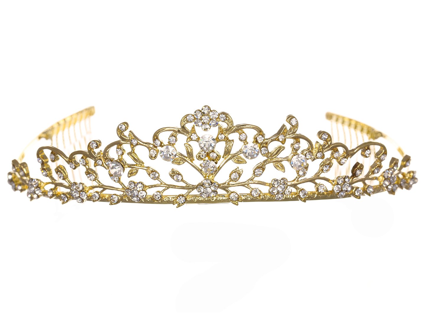 Flower Vine Design Bridal Tiara Crown - Clear Crystals Gold Plating T710