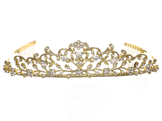 Flower Vine Design Bridal Tiara Crown - Clear Crystals Gold Plating T710