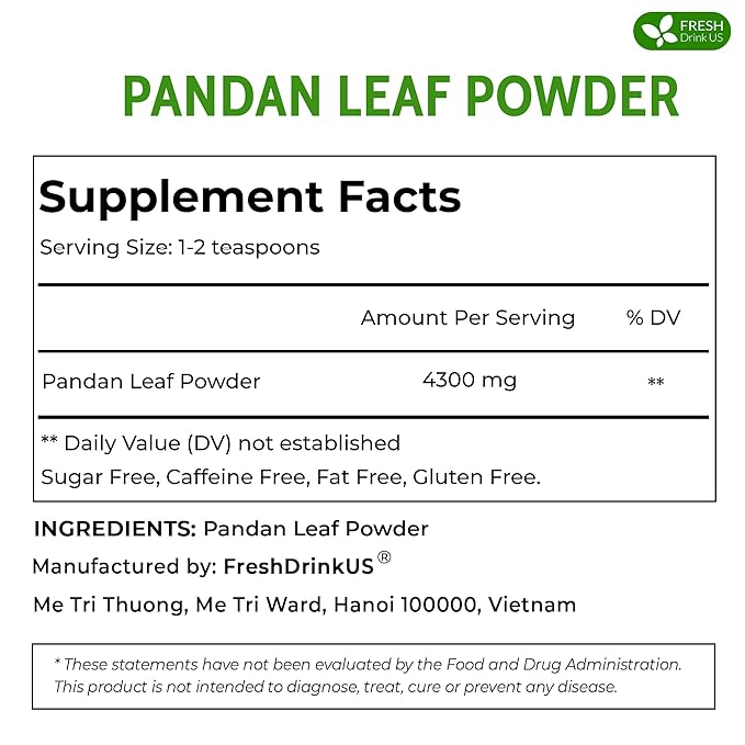 FRESHDRINKUS, Premium 4.5oz Pandan Leaf Powder, 100% Natural and Pure from Pandan Dried Leaves, Emerald Pandan Leaf Powder, Green Food Coloring Powder, No Additives, No Gluten, Vegan.