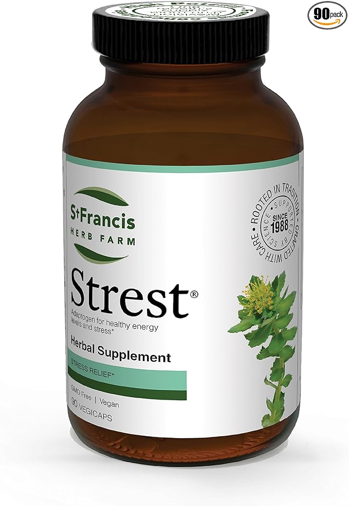 Strest® Capsules (5:1 Powder Extract) Stress Relief Supplements 90 Capsules | One-Month Supply Organic Herbs Ashwagandha Holy Basil Rhodiola Siberian Ginseng Oat Schisandra