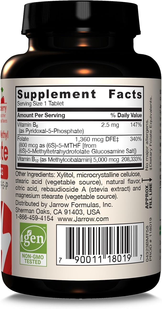 Jarrow Formulas Ultra Strength Methyl B-12 5000 mcg & Methyl Folate 800 mcg + P-5-P, Supplement for Cellular Energy Metabolism and Cardiovascular Support, 60 Chewable Tablets, 60 Day Supply, 12 Packs
