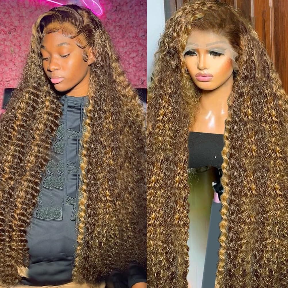 Cynosure 13X5 Curly Honey Blond Ombre Color Highlight Lace Front Human Hair Wigs For Women Invisible Pre Plucked (30 Inch, Highl