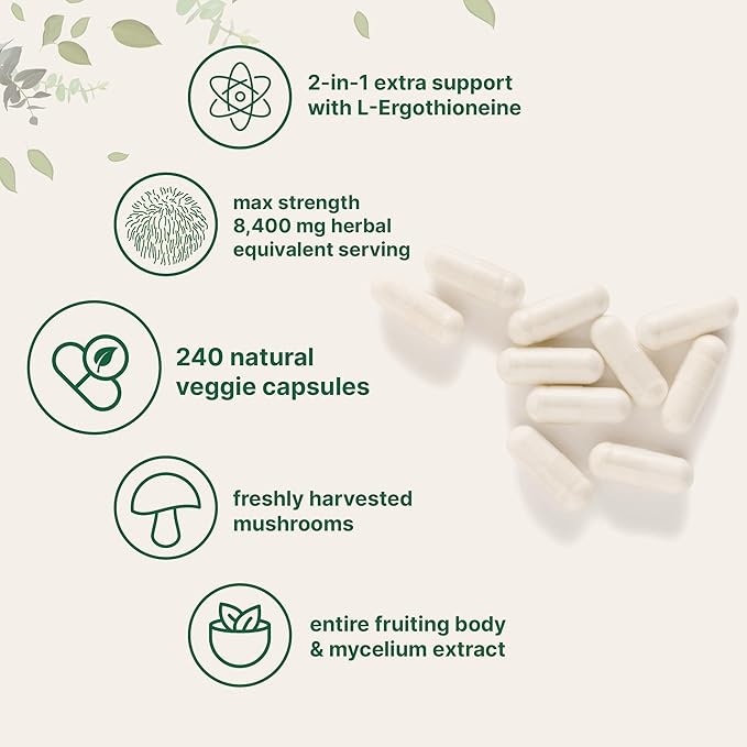 Micro Ingredients Lions Mane Supplement Capsules 8,400 mg Equivalent | 240 Veggie Capsules with L-Ergothioneine | Mushroom Supplement for Healthy Brain & Cognitive Support | Non-GMO, 4 Month Supply