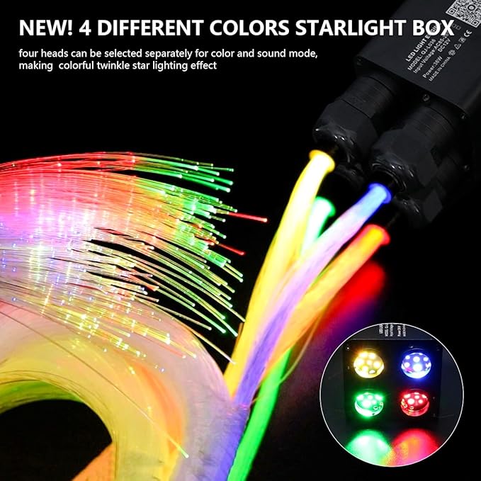 AMKI Updated 4Color Twinkle 36w Starlight Headliner Kits 900pcs 0.03in 9.8ft Fiber Optic Light Cable 4 Ports Starlight Box App/Remote Control Sound Mode for Car Home Ceiling Decoration