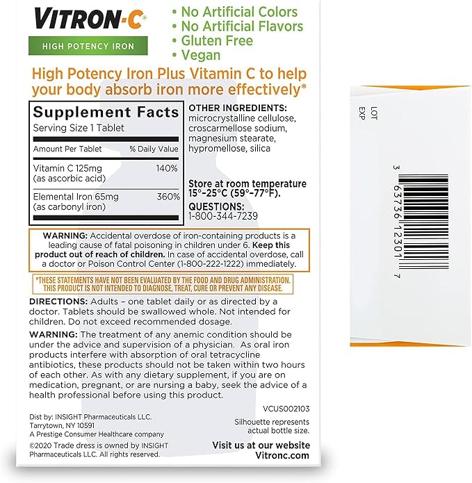 Vitron-C Iron Supplement Plus Vitamin C Coated Tablets 60 ct (4 Pack)