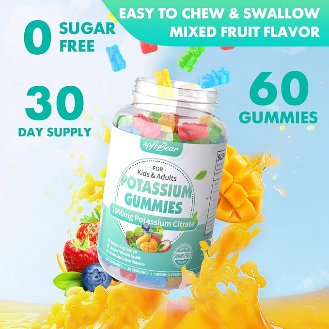 softbear Potassium Citrate Gummies, High Potency Potassium Citrate 1000mg Supports Leg Cramps & Muscle Health Potassium Gummies for Adults & Kids Mixed Fruit Flavor 60 Count