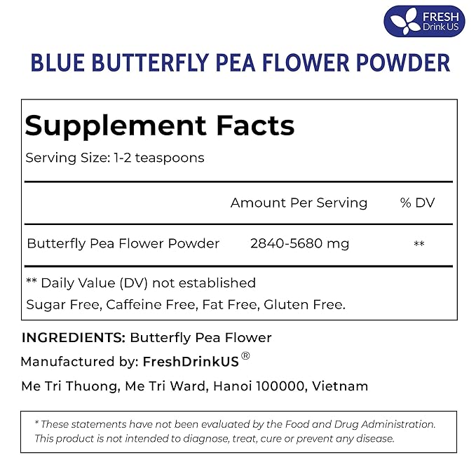 FreshDrinkUS Premium 16oz Butterfly Pea Flower Powder, 100% Natural and Pure, No Additives, No Gluten, No Sugar, Vegan