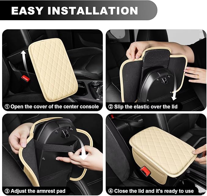 Upgraded Car Center Console Cover Fit for Tacoma Faux Leather Car Armrest Cover Cushion with 2 Storage Bags,Car Armrest Storage Box Interior Accessories(Beige&Whiteline)