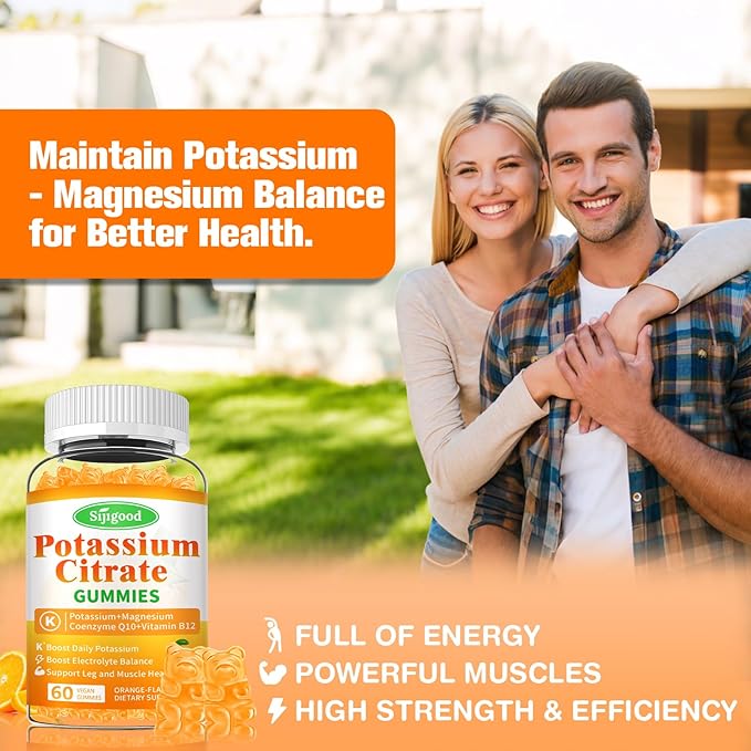 Potassium Citrate Gummies – High Potency Potassium Supplement for Muscle Health, Leg Cramp Relief, Electrolyte Balance – Vegan, Non-GMO, Gluten-Free, Orange Flavor, 60 Count