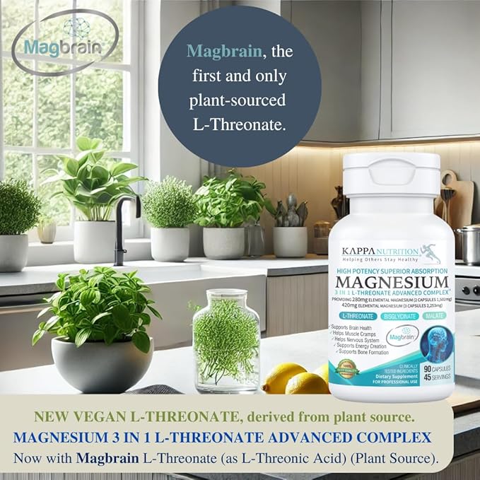 (90 Capsules), 2,253mg Per Serving, Providing 420mg Elemental Magnesium, L-Threonate, Bisglycinate Chelate, Malate, from Kappa Nutrition.