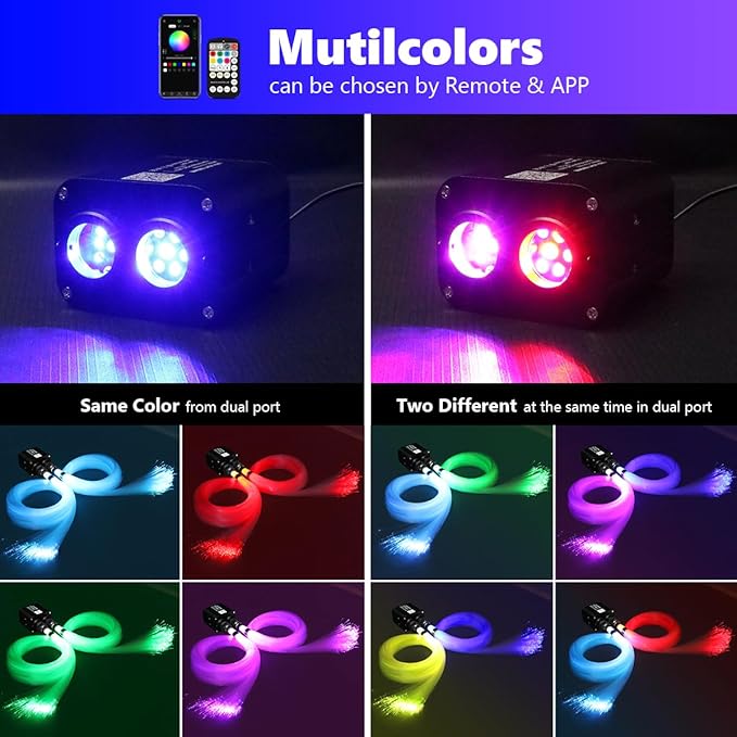 AMKI Dual Color 20W Twinkle Starlight Headliner Kit 800pcs*0.03in 13.1ft Cables+ RGB Meteor Shooting Star Fiber Optic Light Sound Activated APP/Remote Control for Car Roof Home Ceiling