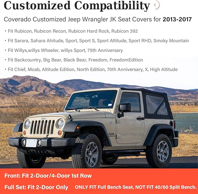 Coverado JK Seat Covers for Jeep Wrangler, Leather Front Seat Covers for Automotive Truck Wrangler Seat Covers Custom Fit for 2013-2017 Jeep Wrangler 2-Door/4-Door, Full Coverage Seat Cushion(Gray)