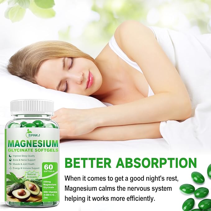 Magnesium Glycinate 400mg, High Absorption Magnesium Supplements Softgels with Vitamin E, B6, Zinc for Sleep, Calm, Muscle Relaxation & Bone Health, Gluten-Free, Non-GMO, 60 softgels