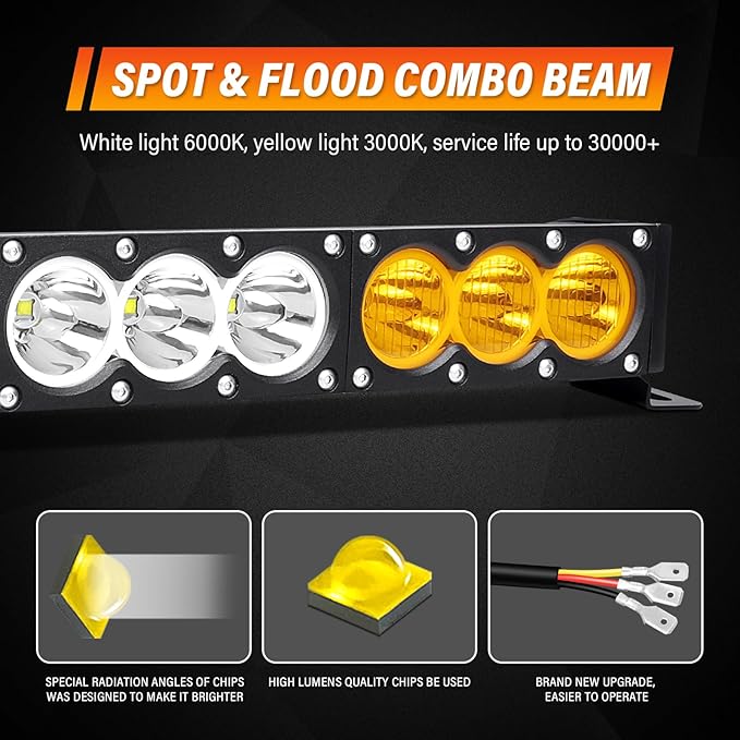 AUXTINGS 22 inch Single Row Dual Color LED Light Bar 120W Off Road Light Bar White Amber Combo LED Work Light Truck UTV 4x4 Cars SUVs ATVs Boats Fog Driving Light with Wiring Harness kit