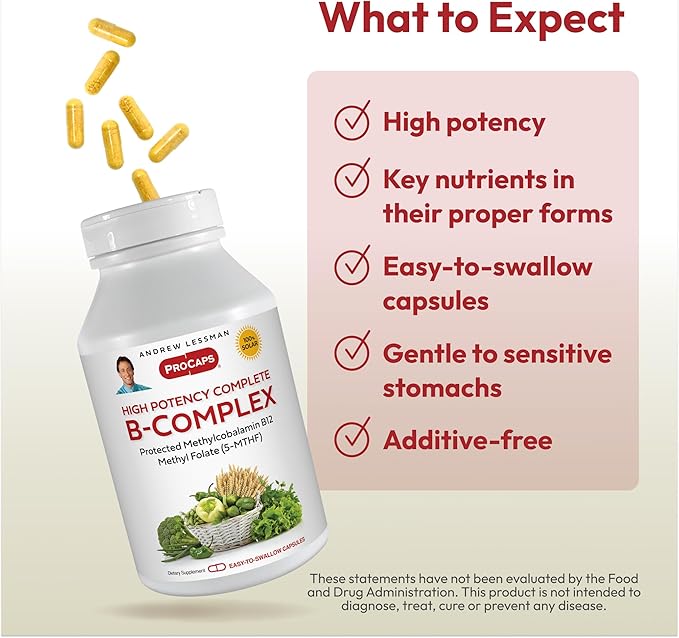 ANDREW LESSMAN High Potency B-Complex 60 Capsules - with High Levels of Folate Complex and Biotin, Promotes Cellular Growth, Energy, Immune Function, Detoxification, Fat Metabolism and More