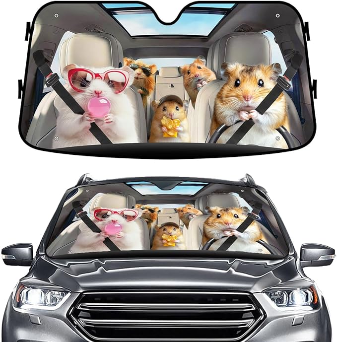 GENANY Cute Hamster Windshield Sun Shade for Car SUV Truck (64x32 Inches), Sun Shade Windshield, Shades for Front Windows, Protector Blocks UV, Xmas Auto Gifts, Spring Car Decor