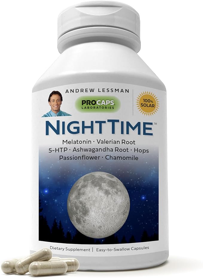 ANDREW LESSMAN Night Time 30 Capsules - 3mg Melatonin, Valerian, Ashwagandha, Passionflower, Hops, Chamomile. No Morning Hangover. Natural Support, Gentle Restful Sleep. Easy to Swallow Capsules