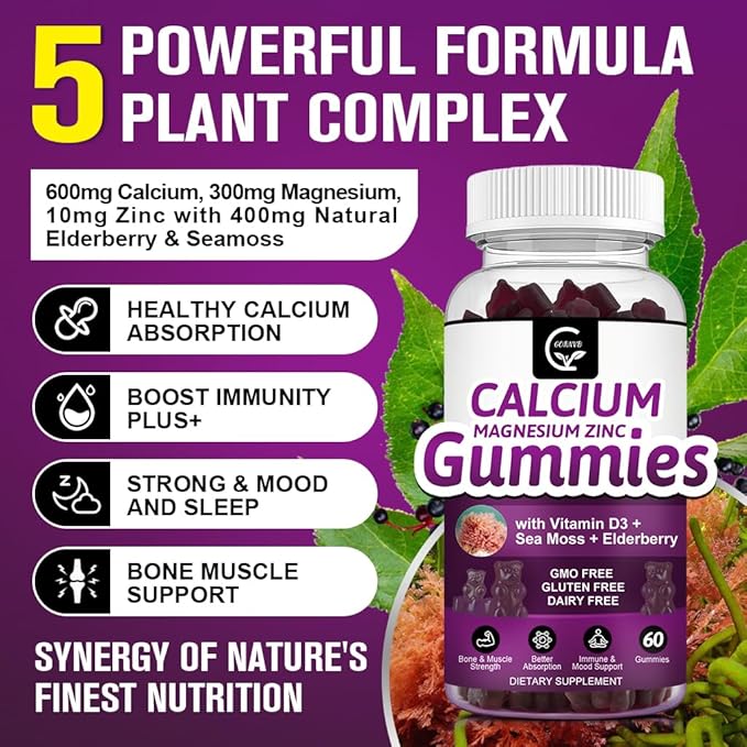 Calcium Magnesium Zinc Gummies with High Absorption Magnesium Glycinate Potassium - Plant Complex Calcium Magnesium 2:1 Ratio, with D3 Sea Moss for Bone, Muscles, Immune & Sleep Support, Vegan-3 Pack