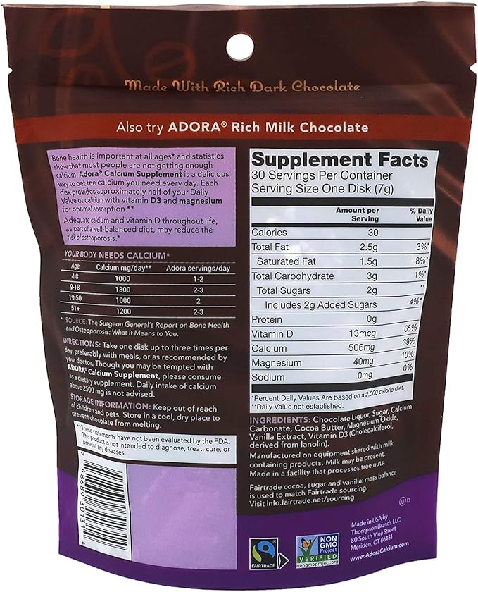 Adora Adora Calcium Supplement, 500mg, Dark Chocolate 30 disks (Quantity of 4)
