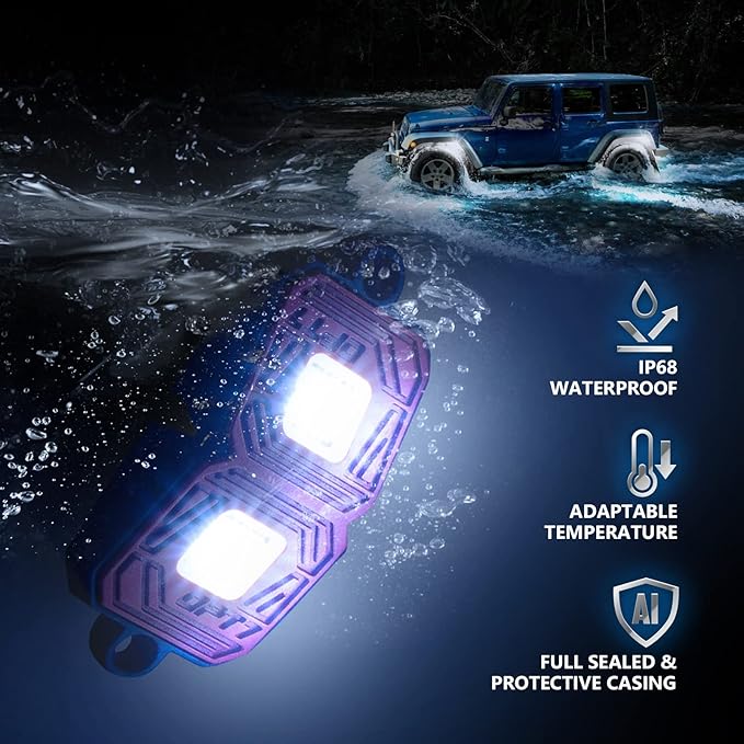 OPT7 Photon Pure White LED Magnetic Rock Lights - 8 Pods w/Magnet Mounts - Wide Angle Underglow Lighting Kit, IP68 Waterproof for Offroad Jeep RZR ATV UTV SUV - Truck Decorations