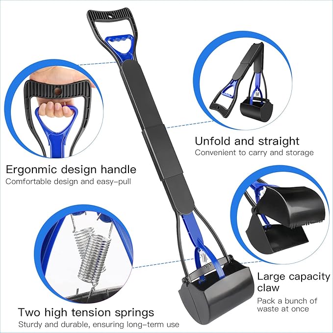 UPSKY 32'' Pooper Scooper for Large Small Dogs, Long Handle Dog Poop Scooper with Waste Bags, Portable Dog Poop Pick Up Tool, Folding Poop Scoop for Yard, Grass, Dirt, Gravel Blue