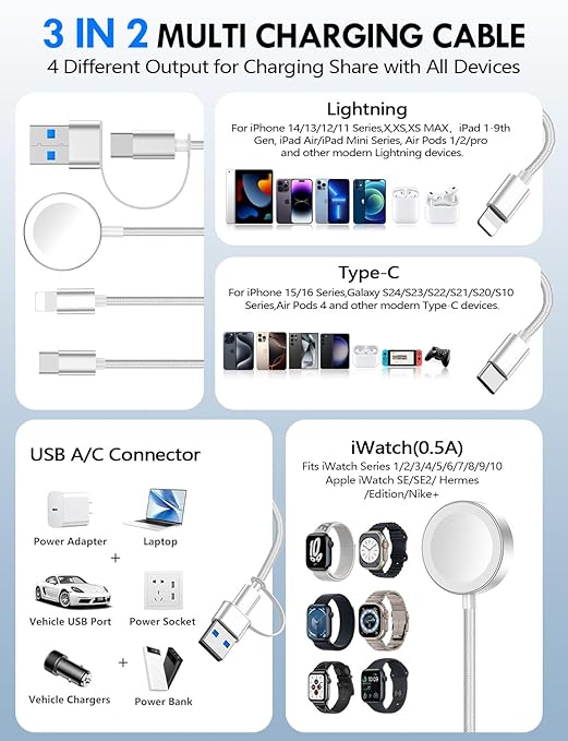 2 Pack Multi Charging Cable Cord for Travel Essentials,Apple Watch Charger,iPhone Charger,[3-in-2] Type C/L Cable Portable Designed for iWatch,iPhone 17-8,Galaxy S25-21,AirPods,iPad-4FT White