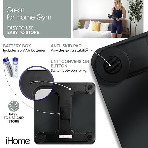 iHome Digital Step On Bathroom Scale - High Precision Body Weight Scale - Battery Powered with LCD Display - Great for Home Gym - 396 lb (Black)
