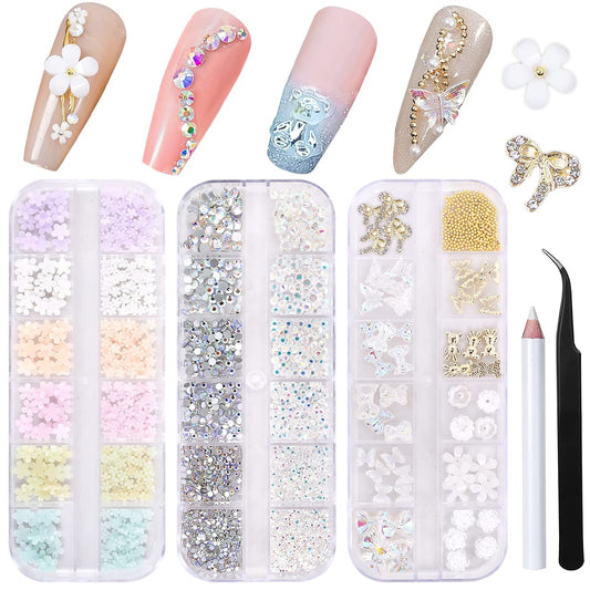 3D Flowers Nail Art Charms Rhinestones Kit - Includes 12Grid 400Pcs Acrylic Flower 1500Pcs Ab Nail Rhinestones 200Pcs Acrylic Bu
