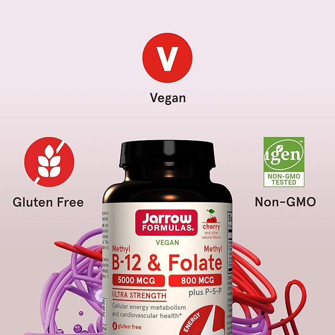 Jarrow Formulas Ultra Strength Methyl B-12 5000 mcg & Methyl Folate 800 mcg + P-5-P, Supplement for Cellular Energy Metabolism and Cardiovascular Support, 60 Chewable Tablets, 60 Day Supply, 12 Packs