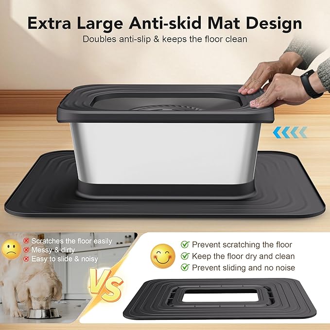 Decflow 10L Stainless Steel Dog Water Bowl, No Spill Anti-Splash Dog Bowls with XXL Silicone Mat, Spill-Proof Slow Feeder for Messy Drinkers, Heavy Duty Pet Bowls for Indoor/Outdoor Use Black