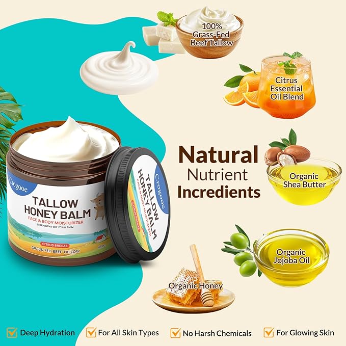 Beef Talow for Skin -100% Grass Fed - Whipped Tallow and Honey Balm for Face & Body Moisturizer -Natural Formula for Dry,Sensitive Skin,Eczema- 4 oz (Citrus Breeze)