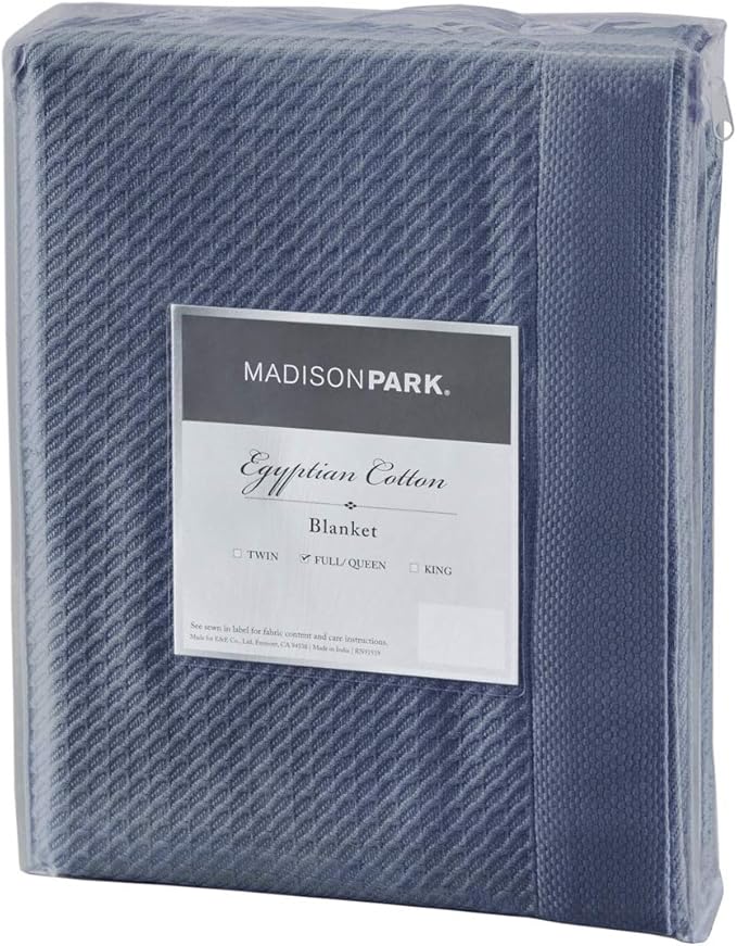 Madison Park Soft Certified 100% Egyptian Cotton Breathable Cozy Blanket, Premium Waffle Knit Classic Design, Luxury All Season Lightweight Cover for Bed, Couch and Sofa, Blue Full/Queen(90"x90")