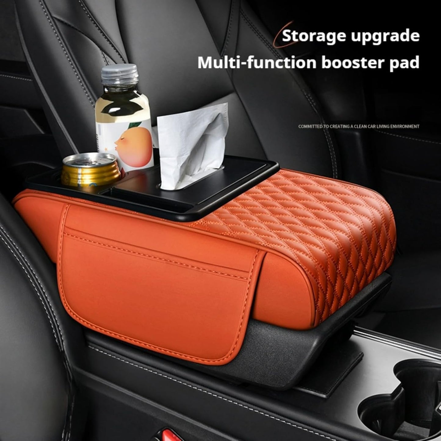 Center Console Cover Organizer, 5-in-1 Arm Rest Cover for Car with Cup Holder & Storage Pocket & Tissue Holder, Armrest Cover Cushion Pad, Water Ripples, Emma Orange
