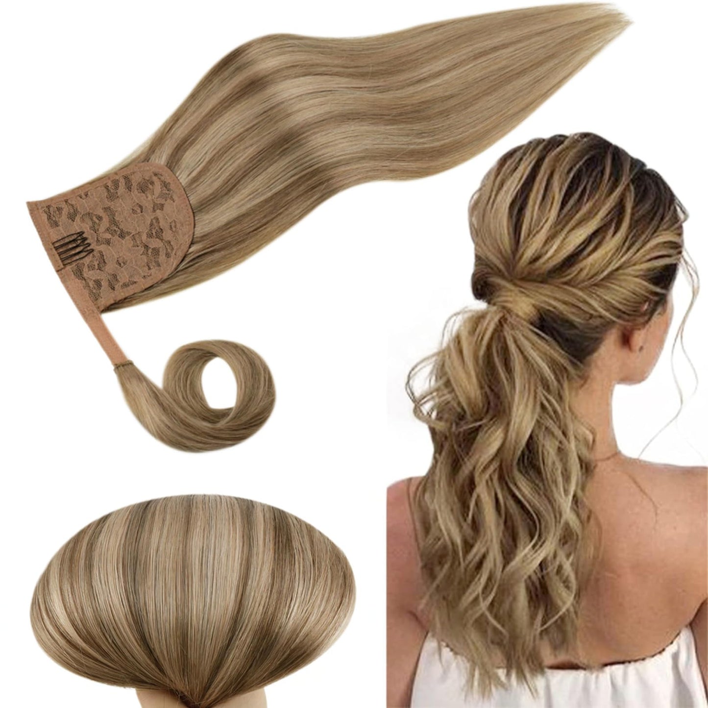 Runature Ponytail Extension Human Hair Blonde Long Remy Ponytail Hair Extensions Ponytail Dark Blonde Mix Caramel Blonde Real Ha