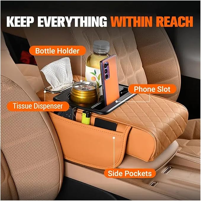 Car Armrest Box Thicken Height Pad Arm Rest Cushion Memory Cotton Elbow Universal Auto Interior Storage Tissue Organizer(Black Brown)