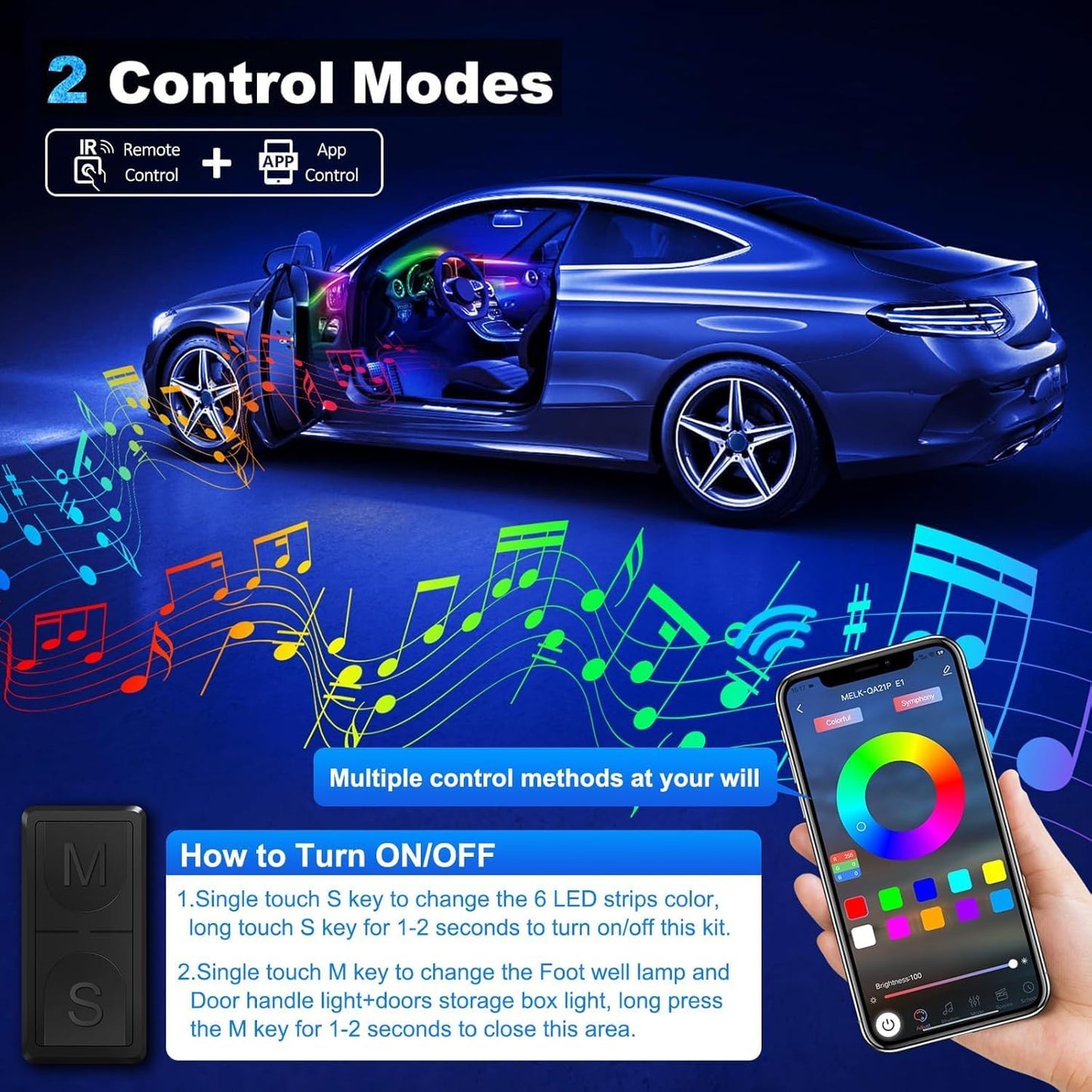 Dreamcolor Acrylic Interior Car LED Strip Light with Wireless APP, RGB 14 in 1 with 175 inches 600 LEDs Fiber Optic Car Ambient Lighting Kits, Dual Zone Sound Active Function LED Strip for Car