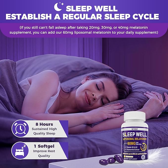 NEVISS 1Pack 60mg Melatonin Liposomal for Adults, High Dose Deep Rest & Brain Cognition, Extra Strength with Vitamin D3, K2, Chamomile for Sound Zzz Cycle, Power Antioxidant, 75 Softgels