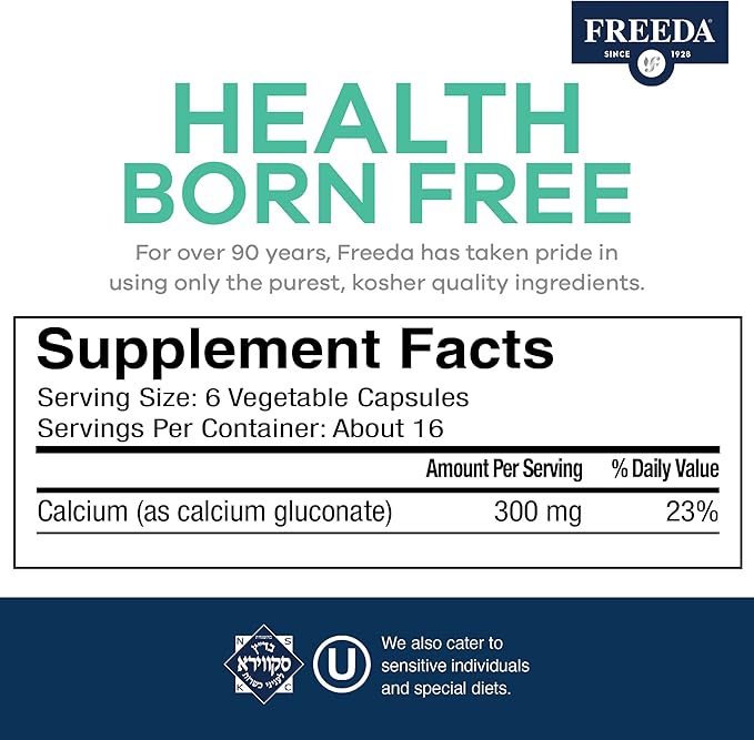 Freeda Calcium Gluconate – Kosher Vegan Calcium Supplement – Easy to Digest & Absorb – Supports Bone Strength – Pure Calcium Without Vitamin D – (500 Capsules)