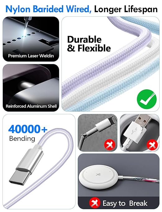 2Pack Multi Charging Cable Cord for Travel Essentials,Apple Watch Charger,iPhone Charger,[3-in-2] Type C/Lightning Cable Portable Designed for iWatch,iPhone 17-8,Galaxy S25-21,AirPods,iPad-1.5M Purple
