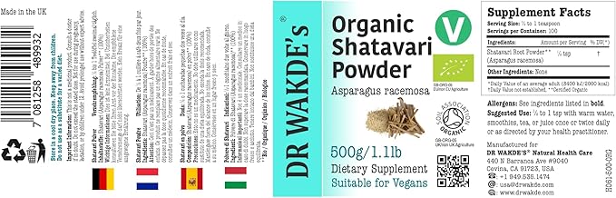 DR WAKDE'S Organic Shatavari Powder (Asparagus racemosa) - 1Kg (2.2lb) | Pure, Raw & Dried Powder | Ayurvedic Herb | Vegan | Nothing Added, Nothing Removed | Same Day Dispatch