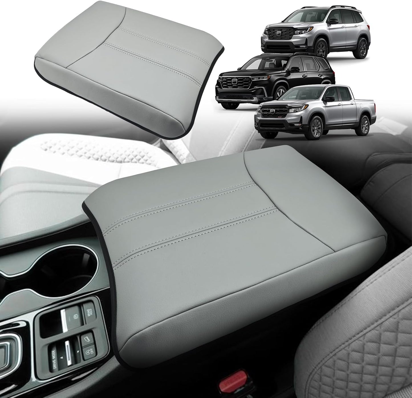 Muslogy Center Console Cover Compatible with Honda Pilot 2023 2024 2025, 2024 2025 2026 Ridgeline/Passport Accessories Armrest Pad Lid Cushion Console Protector Vegan Leather Extra Soft(Gray)