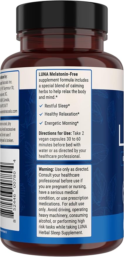 Nested Naturals Luna Sleep Supplement, Melatonin Free, Non-Habit Forming Herbal Sleep Supplement, Adult Bedtime Support, Help Sleeping w/Chamomile, Valerian, L-Theanine, 60 Vegan Capsules