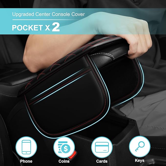 Center Console Cover Fit for Kia Sportage 2005-2025 with 2 Storage Bags Waterproof Leather Quilted Pattern Car Armrest Cover Cushion Anti - Slip(Black&Red Line)
