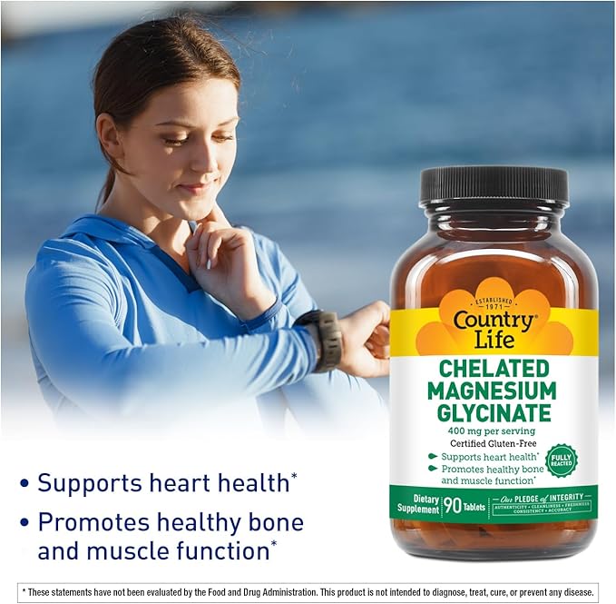 Country Life Chelated Magnesium Glycinate 400mg, 90 Tablets, Certified Gluten Free, Certified Vegan, Certified Halal, Non-GMO Verified